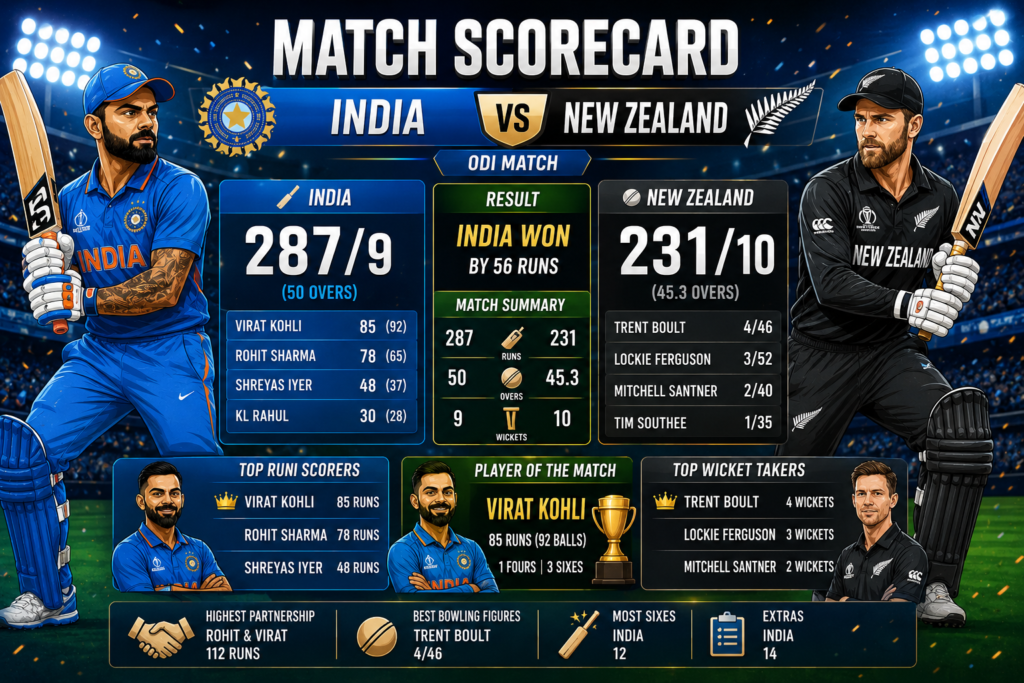 India National Cricket Team Vs New Zealand National Cricket Team Match Scorecard 